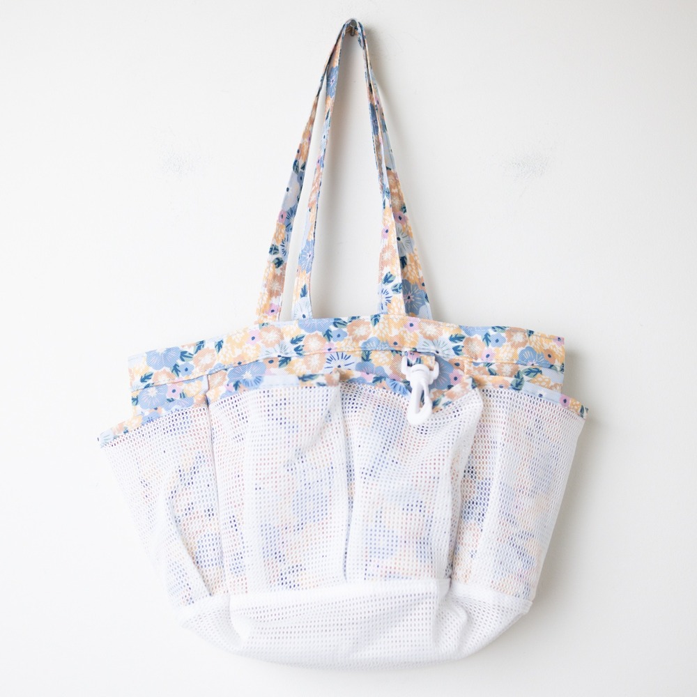 Floral Mesh Shower Caddy Tote Bag Women OS White Blue Multi Pocket Organizer